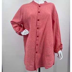 FLAX Lagenlook Peach Tunic Square Button Blouse Woven Check Size 10-14